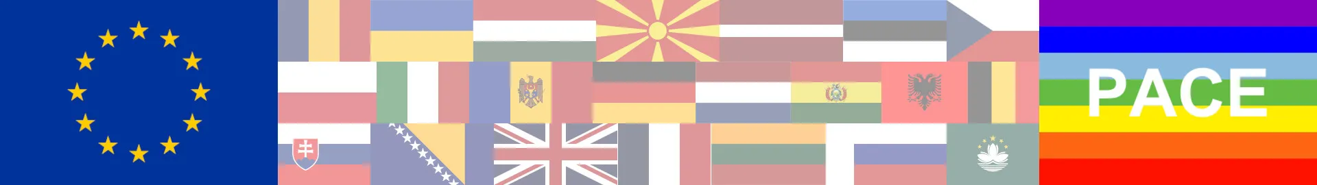 Flags of countries, the EU and the peace flag.